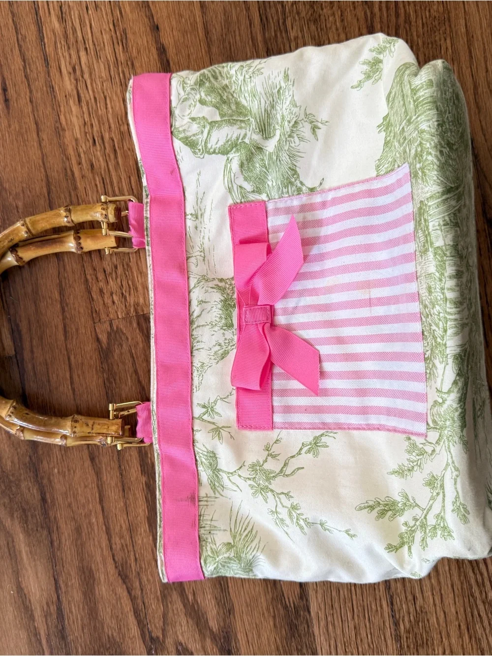 Lily Pulitzer Inspired Women’s Pink & Green Canvas Tote with Bamboo Handles